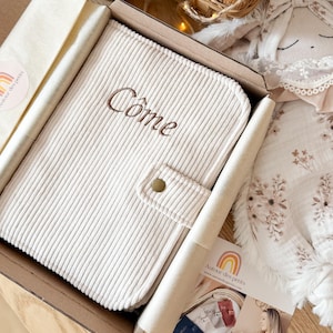 Funda de pana personalizada para registro médico - Nombre bordado - Regalo de nacimiento para niña o niño - Caja de nacimiento