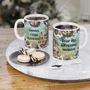 Outlander Inspired Mug: Dinna Fash Sassenach, Tartan & Swords Design