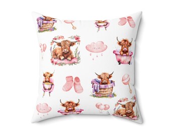 Highland Cow Nursery Pillow - Bubble Baths, Spaghetti, Laundry Baskets - Pink & Purple Pastel