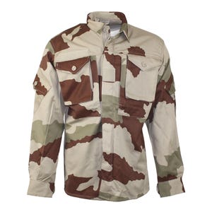 May include: A long-sleeved camouflage shirt in a desert pattern. The shirt has a button-down front, multiple pockets, and a collared neckline. The colour palette includes tan, brown, and olive green.