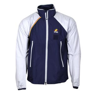 May include: A navy blue and light grey windbreaker jacket with a zip closure. The jacket has a yellow, red and white stripe on the left sleeve and a logo on the chest that reads "Le Coq Sportif".