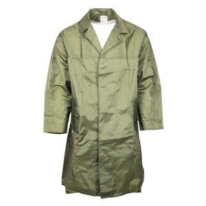 May include: A long-sleeved, olive green work coat with a button-up front and a collar.