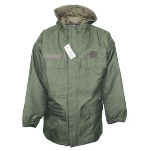 May include: An olive green parka jacket with a hood, zip closure, and multiple pockets. The jacket features a drawstring hood, elasticated cuffs, and a tag attached to the front. The material appears to be water-resistant, suitable for outdoor wear. The jacket is a practical garment.