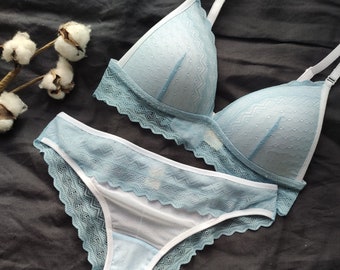 Sky Blue Lingerie Set, Bra and Panties, Handmade Lingerie