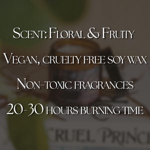 May include: A candle with a floral and fruity scent. It is made with vegan, cruelty-free soy wax and non-toxic fragrances. The candle has a burn time of 20-30 hours. The text "The Cosy Flame" and "Bookish Soy Candles" is visible on the label.