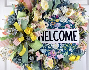 Floral Welcome Wreath, Spring Garden Door Decor, Blue Pink Floral Accent