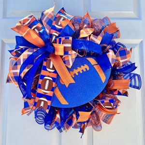 Football wreath, Football season, Football decor, Football, deco mesh wreath, Blue and orange wreath