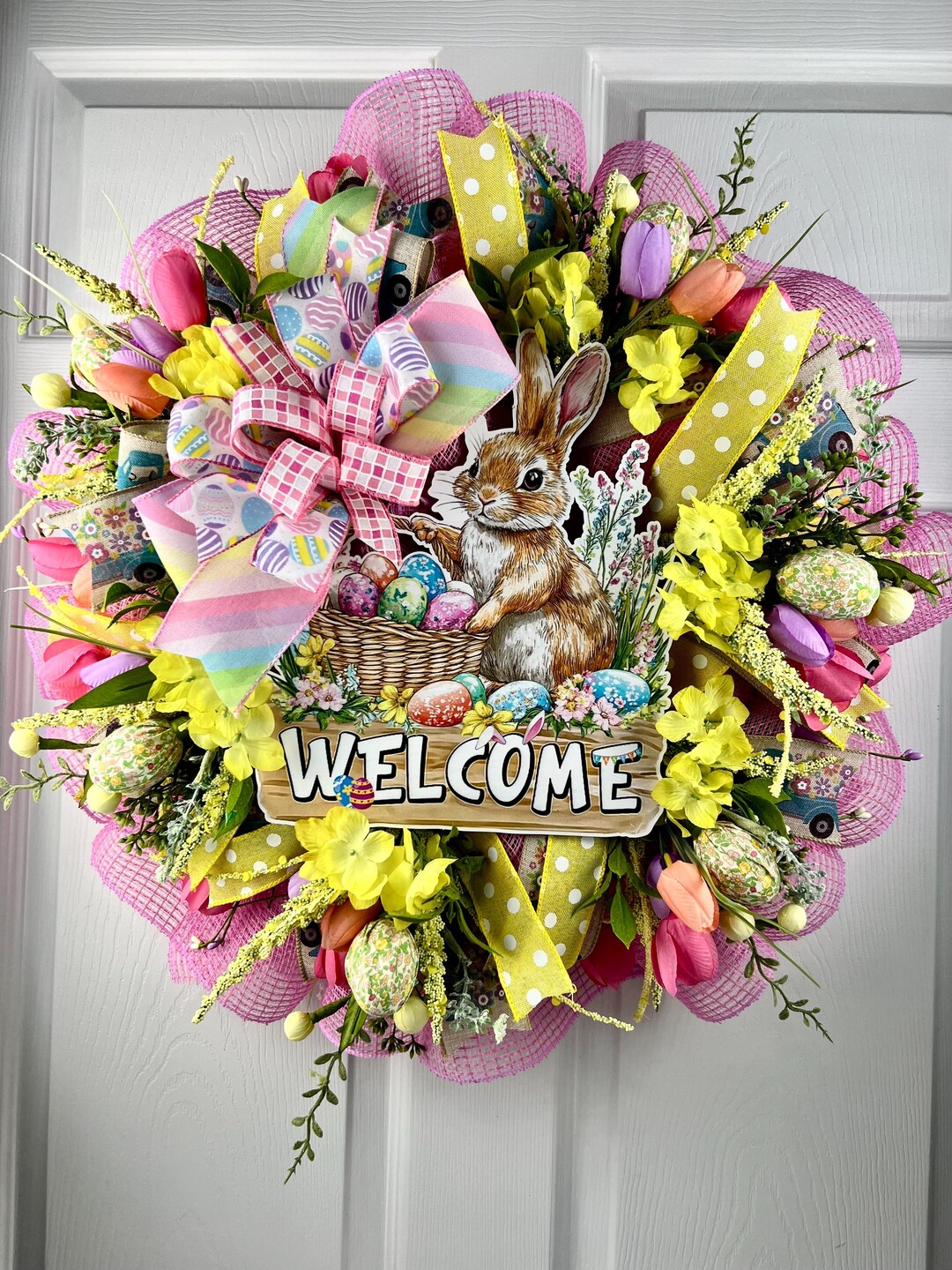 Easter Bunny Wreath, Spring Door Decor With Eggs and Florals - Etsy