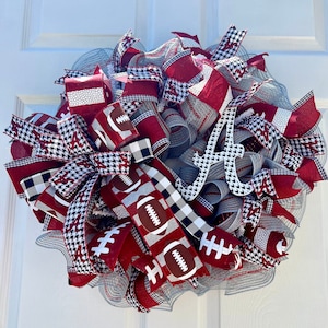 Football wreath, Football season, Football decor, Football, deco mesh wreath, Red, white and gray