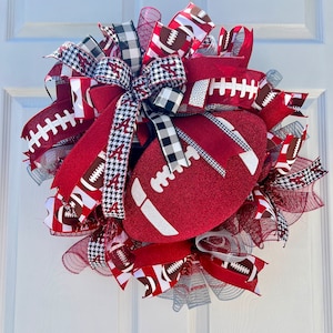 Football wreath, Football season, Football decor, Football, deco mesh wreath, Red, white and gray