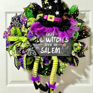 Halloween Wreath, witch wreath, lime green, Salem witches, purple, black