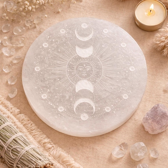 Moroccan Selenite Charging Plate | Moon Phase Altar Decor, Crystal Cleansing Board
