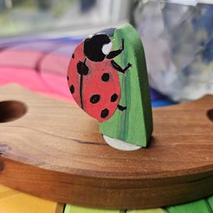 Peut inclure: Un jouet en bois représentant une coccinelle rouge à pois noirs, posée sur une feuille verte. La coccinelle est placée sur une base en bois avec un design incurvé et une découpe circulaire. Le jouet fait probablement partie d'un ensemble plus large.