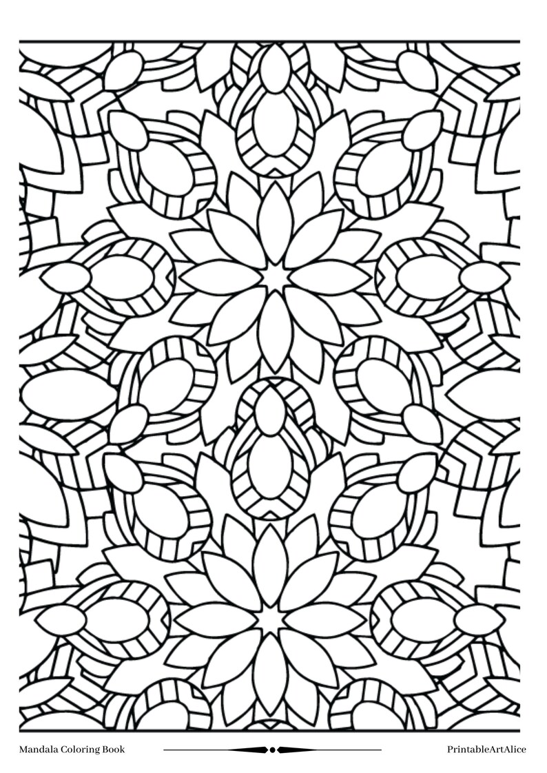 Puede incluir: P&aacute;gina para colorear de mandala en blanco y negro con intrincados dise&ntilde;os florales. El mandala presenta una flor central de ocho p&eacute;talos y est&aacute; rodeado de flores m&aacute;s peque&ntilde;as y patrones geom&eacute;tricos.
