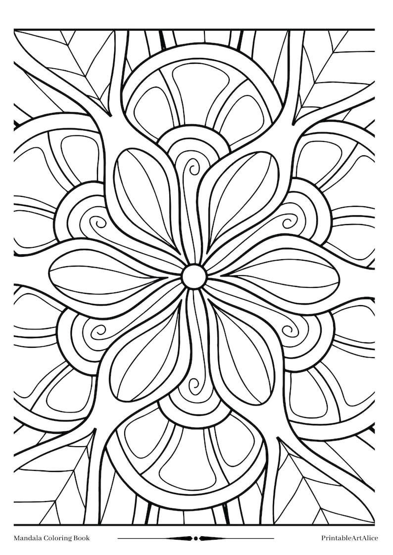 Puede incluir: P&aacute;gina para colorear de mandala en blanco y negro con un dise&ntilde;o floral con detalles intrincados. El mandala est&aacute; rodeado de hojas y espirales.