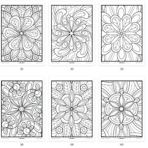 Puede incluir: Un conjunto de 12 p&aacute;ginas para colorear en blanco y negro con intrincados dise&ntilde;os florales. Cada p&aacute;gina es un cuadrado con un patr&oacute;n diferente de flores, hojas y espirales.