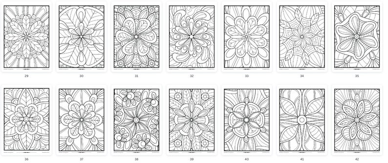 Puede incluir: Un conjunto de 12 p&aacute;ginas para colorear en blanco y negro con intrincados dise&ntilde;os florales. Cada p&aacute;gina es un cuadrado con un patr&oacute;n diferente de flores, hojas y espirales.