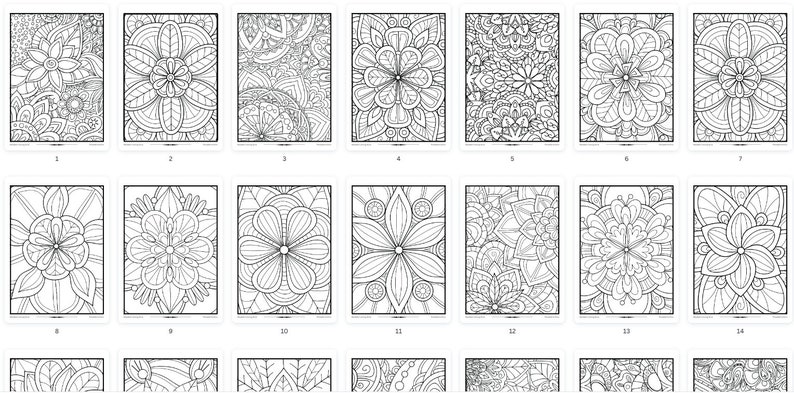 Puede incluir: Un conjunto de 18 p&aacute;ginas para colorear en blanco y negro con intrincados dise&ntilde;os florales. Cada p&aacute;gina est&aacute; enmarcada con un borde negro y numerada del 1 al 18.
