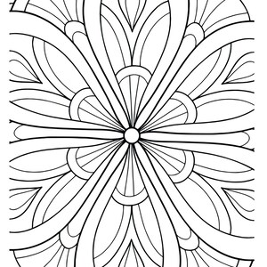 Puede incluir: P&aacute;gina para colorear de mandala en blanco y negro con un patr&oacute;n geom&eacute;trico de c&iacute;rculos superpuestos y formas de l&aacute;grima. El dise&ntilde;o es sim&eacute;trico e intrincado, con un c&iacute;rculo central rodeado de cuatro brazos radiantes.