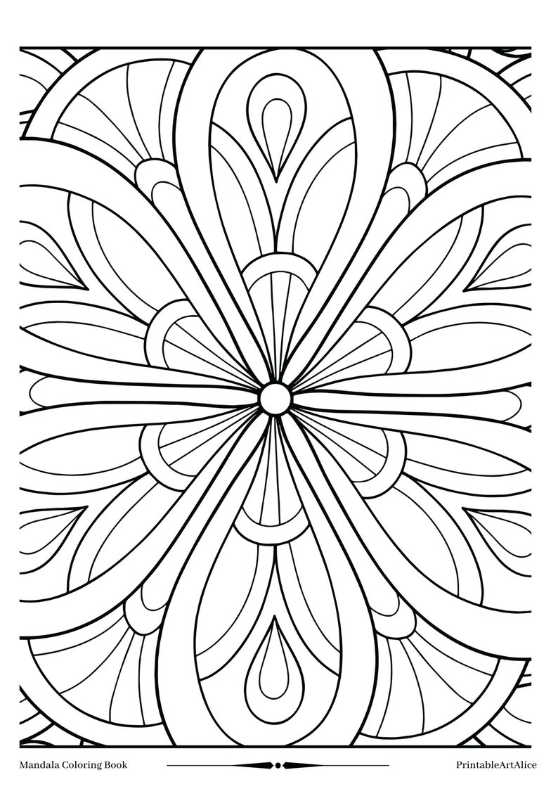 Puede incluir: P&aacute;gina para colorear de mandala en blanco y negro con un patr&oacute;n geom&eacute;trico de c&iacute;rculos superpuestos y formas de l&aacute;grima. El dise&ntilde;o es sim&eacute;trico e intrincado, con un c&iacute;rculo central rodeado de cuatro brazos radiantes.