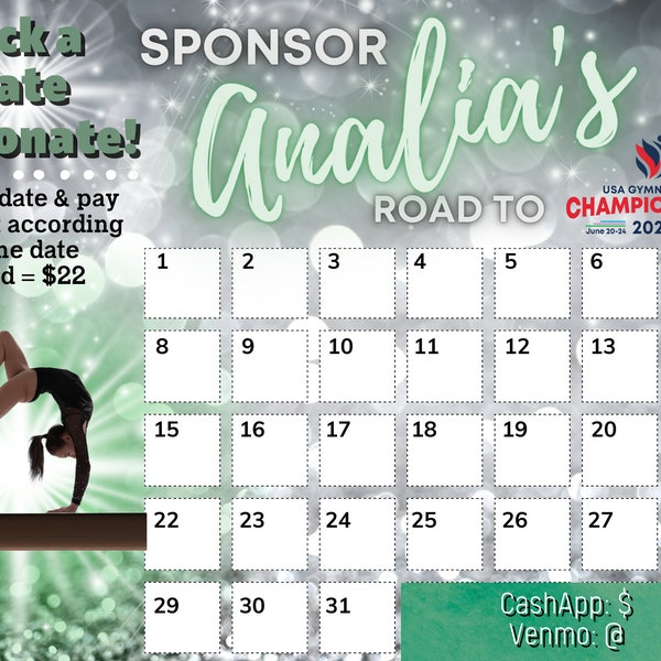 Pick a Date to Donate Printable, Gymnastics Fundraiser, Team Sports Calendar, Travel Fundraiser, Gym, PTO, Digital Template, Tumbling