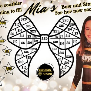 Op de afbeelding: Een poster voor een inzamelingsactie voor een cheerleadingteam genaamd "Dippers". De poster toont een grote strik met secties die zijn gelabeld met verschillende eurobedragen, en sterren met eurobedragen die de strik omringen. De poster bevat ook de tekst "Overweeg om te doneren om Mia's strik en sterren voor haar nieuwe seizoen te vullen!!" en "venmo: @-xoxo".