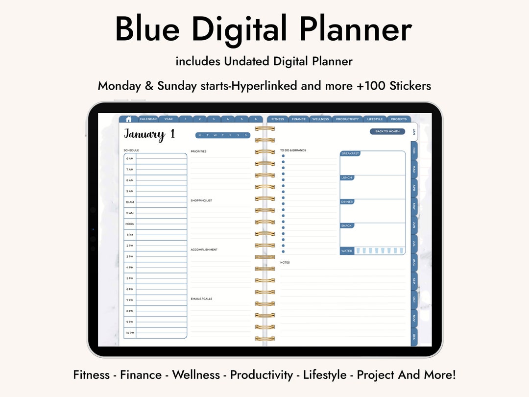 Undated Blue Digital Planner Goodnotes and Notability iPad and Android ...