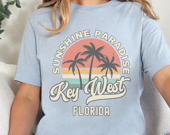 Camisa de Key West, camiseta de recuerdo de Florida, camisa retro de puesta de sol de palmera, regalo de Key West, camisas de viaje para grupos familiares a juego de Florida