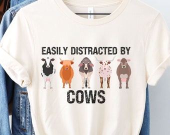 牛に気を取られやすいシャツ、農場の牛シャツ、牛が大好きTシャツ、カウガールシャツ、牛シャツ、面白い牛シャツ、面白い農場Tシャツ
