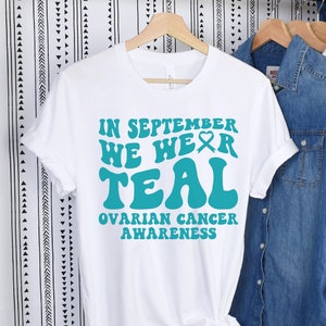 Eierstokkanker-shirt, in september dragen we wintertaling, Fight Ovariumkanker Walk-shirts, groenblauw lint T-shirt, ondersteuningsteam ovariumkanker