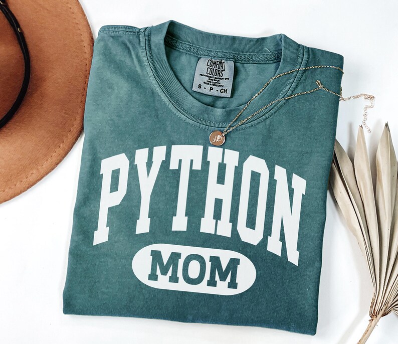 May include: A teal Comfort Colors t-shirt with the words "PYTHON MOM" in white block letters. A gold necklace with a circular pendant rests on the shirt. A brown hat and dried palm leaf are in the background.