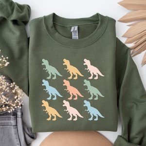 T-Rex Sweatshirt, Dinosaur crewneck, T-Rex Lover Gift, Dino Lover Present Dinosaur Mom Tee, Rainbow Dino Sweater