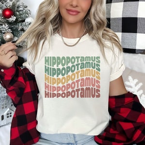 Camisa de natal hipopótamo, presente de feriado retrô hipopótamo, camisas de natal para família, camisa fofa de zoológico para amantes de animais, presente de hipopótamo