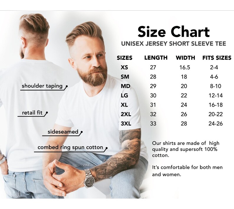 Puede incluir: Tabla de tallas para una camiseta de manga corta de punto unisex. La tabla muestra las tallas XS a 3XL con las longitudes, anchuras y tallas de ajuste correspondientes en pulgadas. El texto indica que las camisetas est&aacute;n hechas de algod&oacute;n 100% supersuave de alta calidad y son c&oacute;modas tanto para hombres como para mujeres.