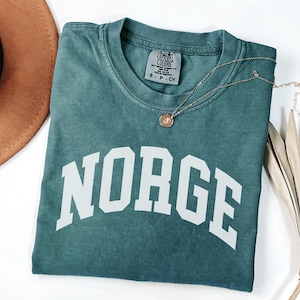 以下が含まれることがあります： 「NORGE」の白いブロック文字が入った、ティール色のComfort Colors Tシャツ。小さなペンダントが付いたゴールドのネックレスがシャツの上にあります。茶色の帽子と乾燥したヤシの葉が背景にあります。
