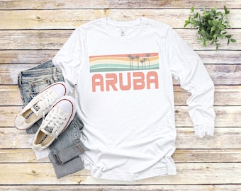 Camicia a maniche lunghe Aruba, maglietta a maniche lunghe caraibica, camicie da vacanza abbinate alla spiaggia retrò, manica lunga palma, regalo Aruba,