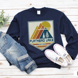 Flathead Lake Sweatshirt, Montana Sweatshirt, Flathead Lake Souvenir Flathead Lake Gift, Mountain Shirt Travel Gift Retro Mountain Flathead