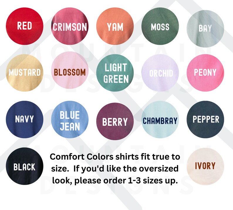 K&ouml;nnte beinhalten: Diagramm mit 18 verschiedenen Farboptionen f&uuml;r Comfort Colors Shirts. Die Farben sind in einem Raster mit vier Reihen und f&uuml;nf Spalten angeordnet. Die Farben umfassen Rot, Scharlachrot, Yam, Moos, Bucht, Senf, Bl&uuml;te, Hellgr&uuml;n, Orchidee, Pfingstrose, Marineblau, Jeansblau, Beere, Chambray, Pfeffer, Schwarz und Elfenbein.