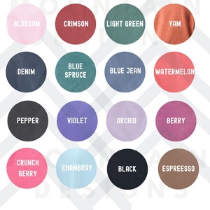 May include: A color chart featuring 16 different colors in circular swatches. Colors include Blossom, Crimson, Light Green, Yam, Denim, Blue Spruce, Blue Jean, Watermelon, Pepper, Violet, Orchid, Berry, Crunch Berry, Chambray, Black, and Espresso.