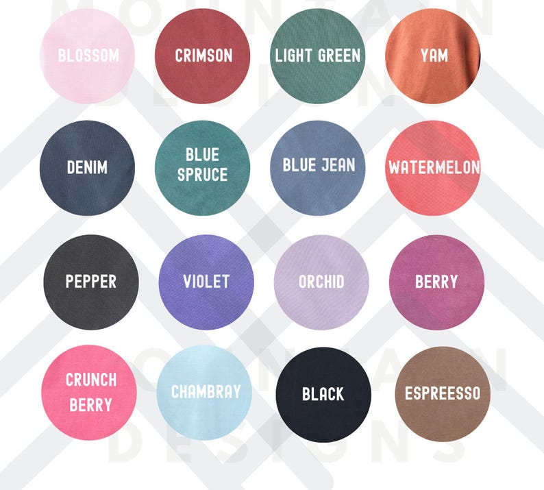 May include: A color chart featuring 16 different colors in circular swatches. Colors include Blossom, Crimson, Light Green, Yam, Denim, Blue Spruce, Blue Jean, Watermelon, Pepper, Violet, Orchid, Berry, Crunch Berry, Chambray, Black, and Espresso.