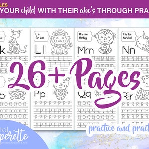 May include: A printable worksheet set for kids to practice writing the alphabet. The worksheet features 26 pages, each with a different letter of the alphabet and a corresponding animal illustration. The letters are written in uppercase and lowercase, and there are dotted lines for the child to trace.