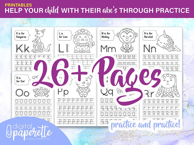 May include: A printable worksheet set for kids to practice writing the alphabet. The worksheet features 26 pages, each with a different letter of the alphabet and a corresponding animal illustration. The letters are written in uppercase and lowercase, and there are dotted lines for the child to trace.