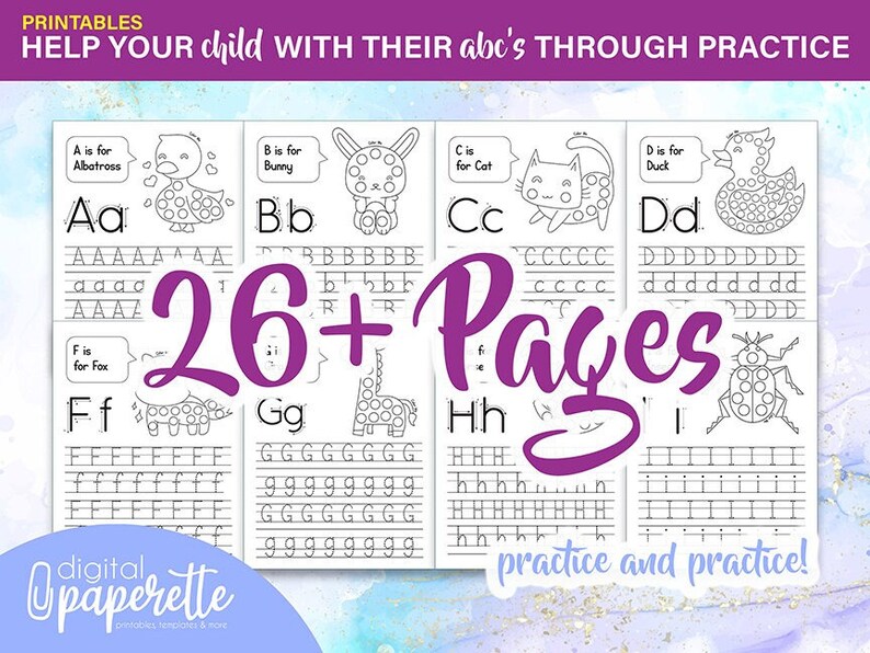 May include: A printable worksheet set for learning the alphabet. The set includes 26+ pages with dot-to-dot activities, letter tracing, and practice writing letters. Each page features a different animal and the letter of the alphabet it represents. The title of the set is "HELP YOUR child WITH THEIR abc's THROUGH PRACTICE".