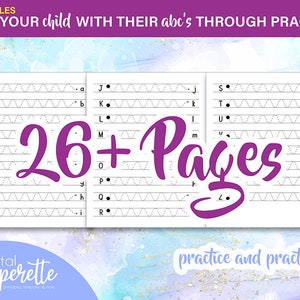May include: A printable worksheet with 26 pages for practicing the alphabet. Each page features a letter of the alphabet with dotted lines for tracing. The worksheet is designed to help children learn their ABCs through practice.
