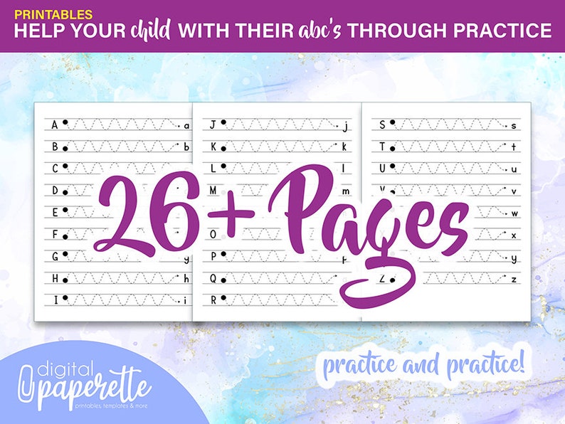 May include: A printable worksheet with 26 pages for practicing the alphabet. Each page features a letter of the alphabet with dotted lines for tracing. The worksheet is designed to help children learn their ABCs through practice.