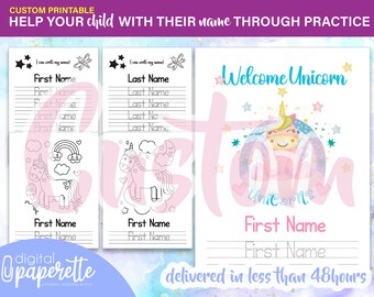 Printable Custom Name Worksheet | Unicorn | Help your Child with their name through practice | Digital Paperette