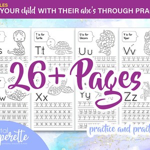 May include: A printable worksheet set for kids to practice writing the alphabet. The set includes 26+ pages, each featuring a different letter of the alphabet and a corresponding animal illustration. The pages are designed to help children learn to write letters by tracing the dotted lines.