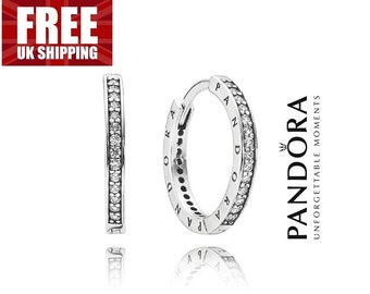 Sparkle & Pandora Logo Hoop Earrings, Sterling Silver Sparkling Women Earrings, Clear Cubic Zirconia Love Earrings, Stamped S925 ALE,Gift UK