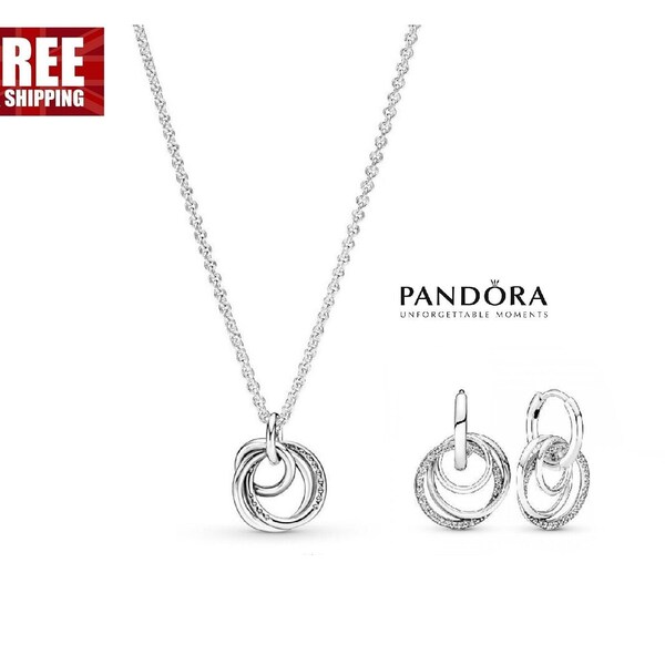 Pandora Encircled Gift Set Cherish Family Bonds with Crown O Monogram 60cm Long Adjustable Encircled Necklace Twisted Hoop Earrings Gift Set