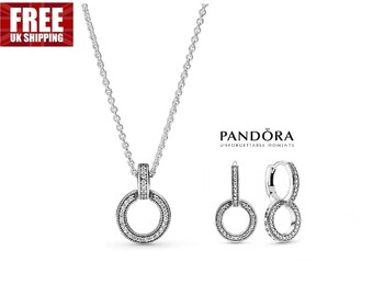 PANDORA New Double Circle Gift Set Everyday Elegance: 45cm Circle of Sparkle Necklace Paired with Sterling Silver Double Hoop Earrings